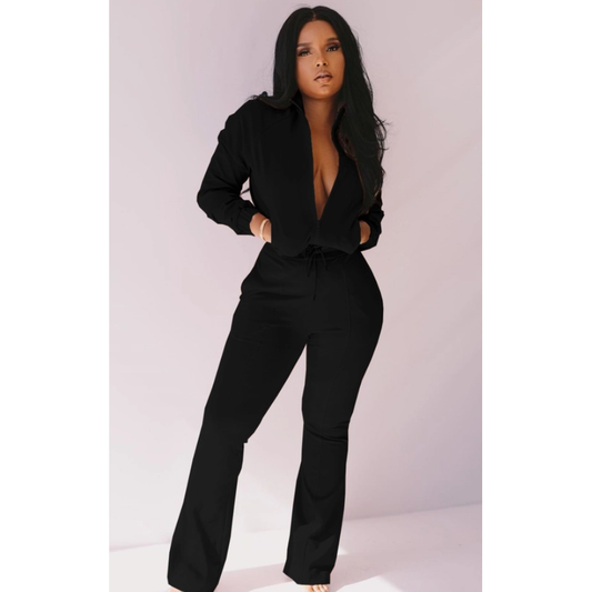 Long Sleeve Tie Waist Zip Up Jumpsuit