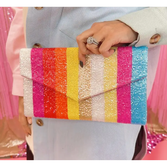 Treasure Jewels Beaded Stripe Rainbow Clutch