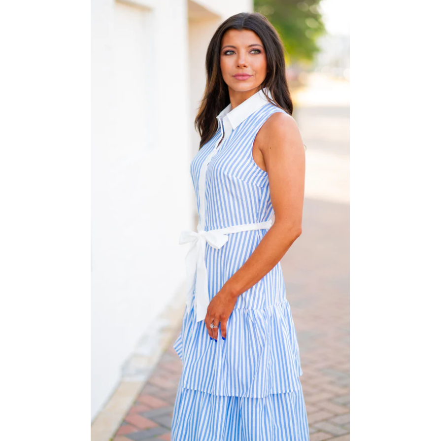 Riviera Striped Tiered Collared Midi Dress