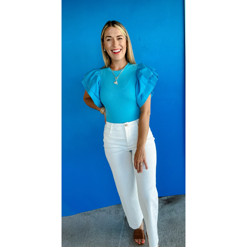 Newport Ruffle Sleeve Bodysuit-Aqua