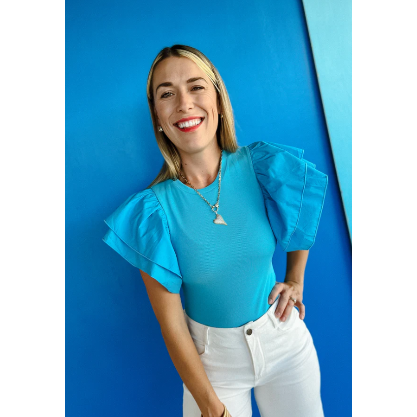 Newport Ruffle Sleeve Bodysuit-Aqua