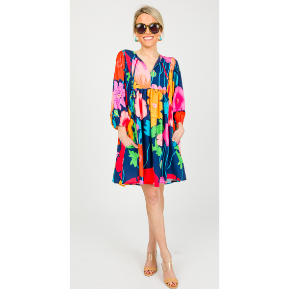 Through The Years Navy Blue Floral Babydoll Dress