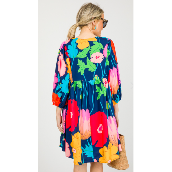 Through The Years Navy Blue Floral Babydoll Dress