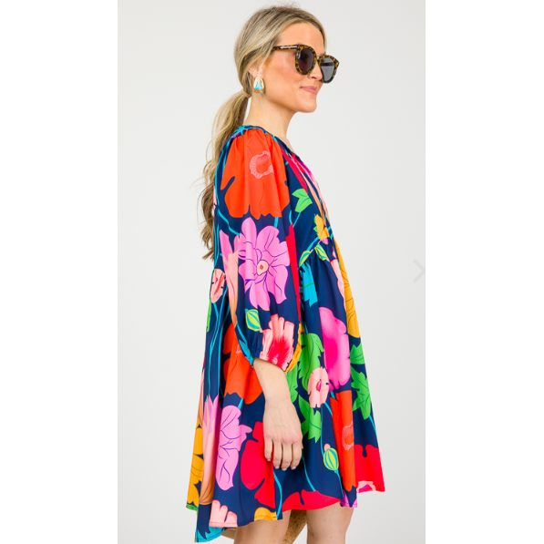 Through The Years Navy Blue Floral Babydoll Dress
