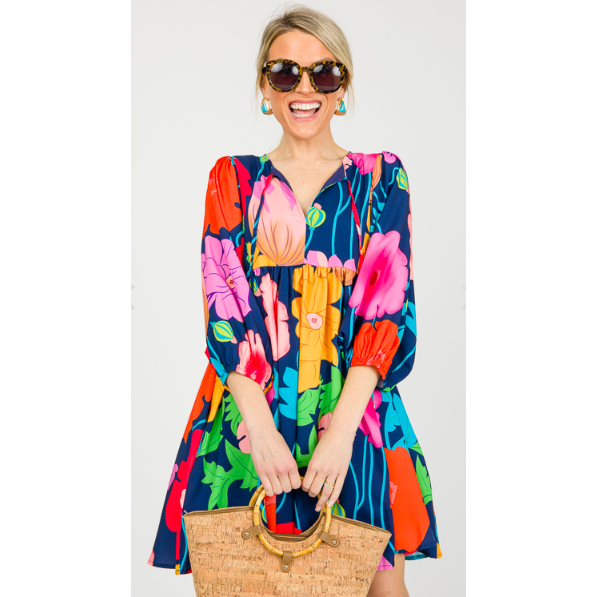 Through The Years Navy Blue Floral Babydoll Dress