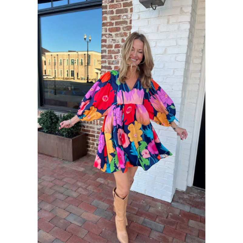 Through The Years Navy Blue Floral Babydoll Dress
