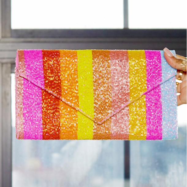 Treasure Jewels Beaded Stripe Rainbow Clutch
