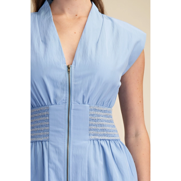 V-Neck Front Zip Waist Smocked Shoulder Pad Mini Dress