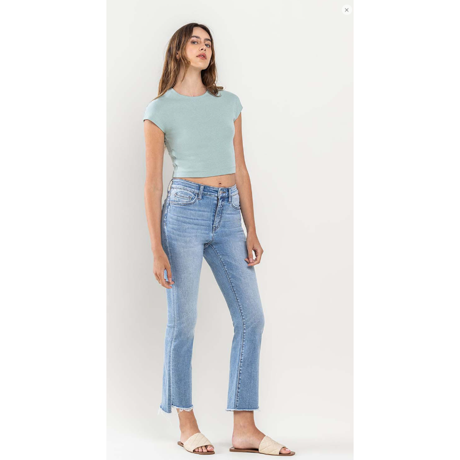 VERVET High Rise Raw Step Hem Crop Flare