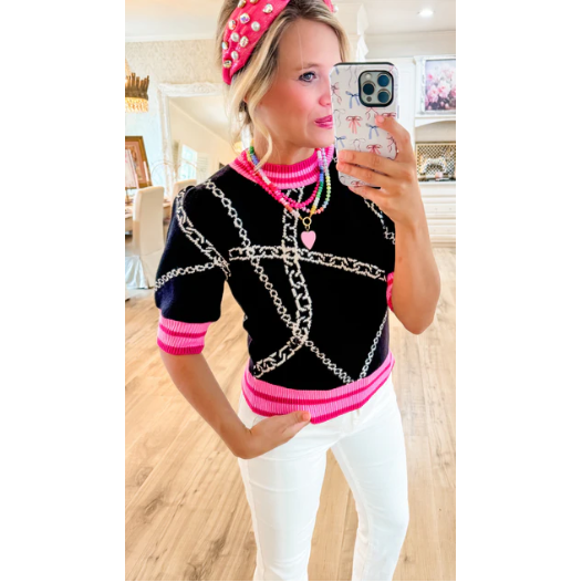 Black Chain Print Sweater Black & Pink