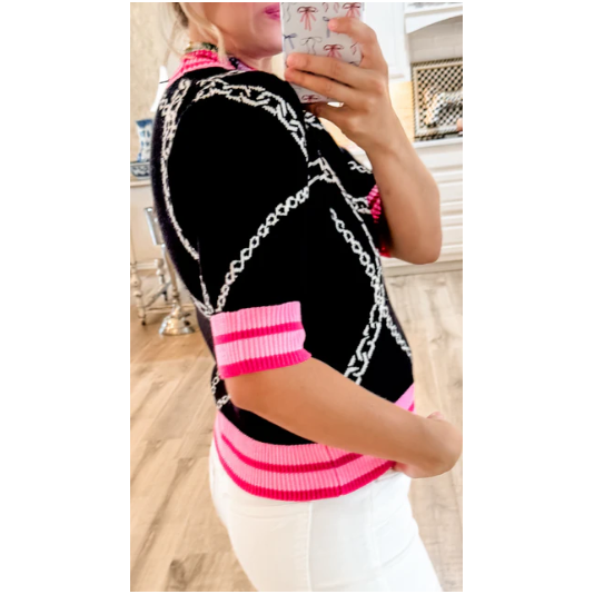 Black Chain Print Sweater Black & Pink
