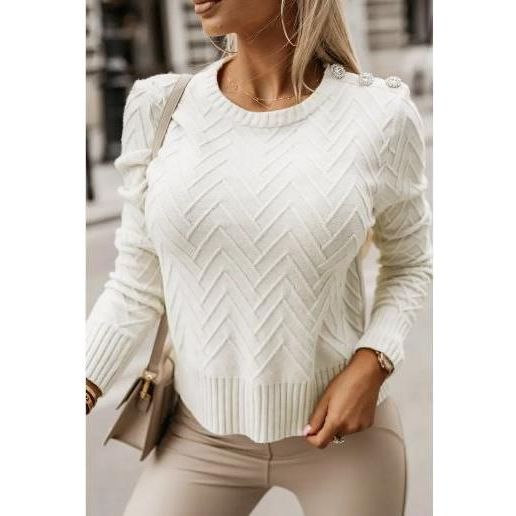 Ivory Cable Knit Sweater with Rhinestone Button Shoulder