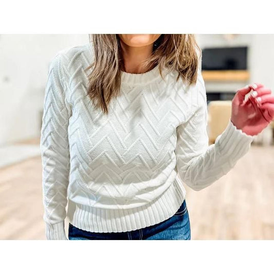 Ivory Cable Knit Sweater with Rhinestone Button Shoulder