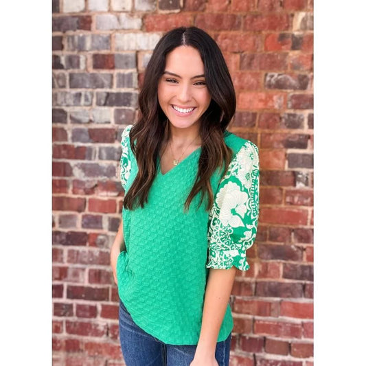 Kelly Green The Riley Textured Contrast Floral Print Sleeve Top