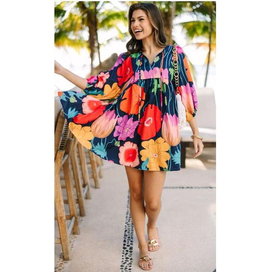 Through The Years Navy Blue Floral Babydoll Dress