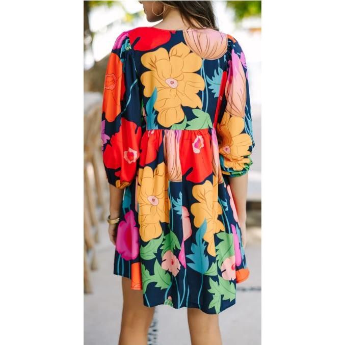 Through The Years Navy Blue Floral Babydoll Dress