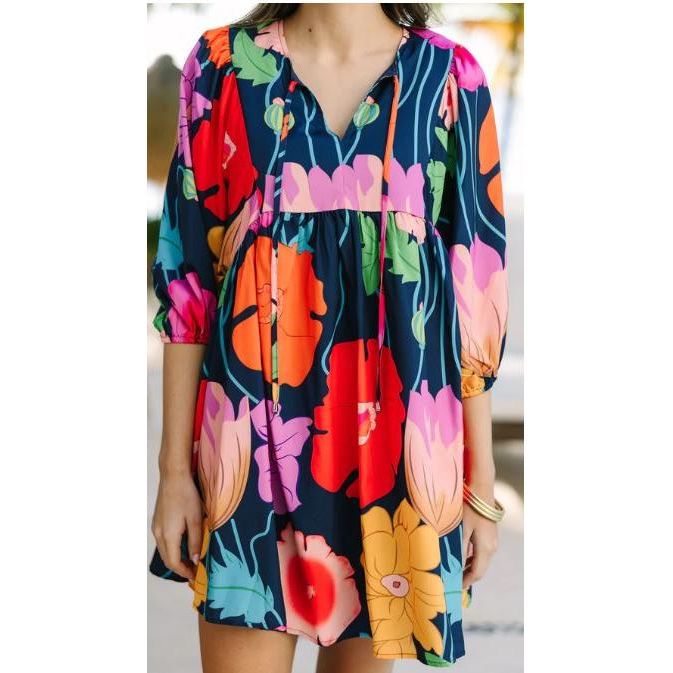 Through The Years Navy Blue Floral Babydoll Dress