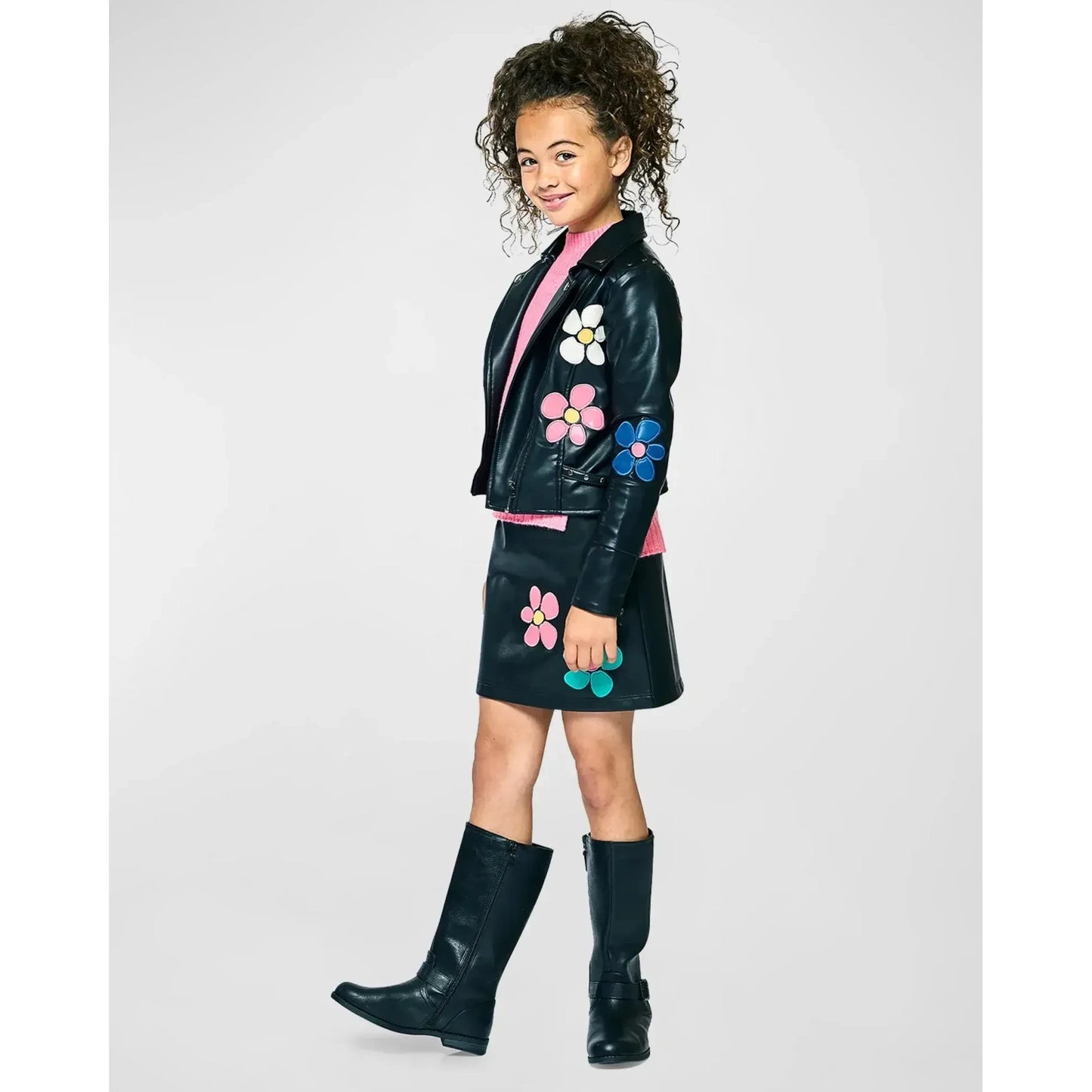 Hannah Banana Girl's Faux Leather Floral-Patched Jacket