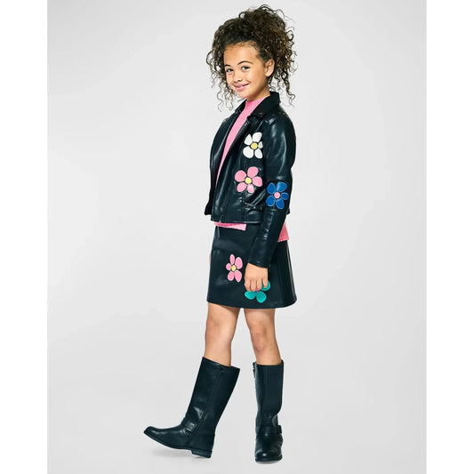 Hannah Banana Girl's Faux Leather Floral-Patched Jacket