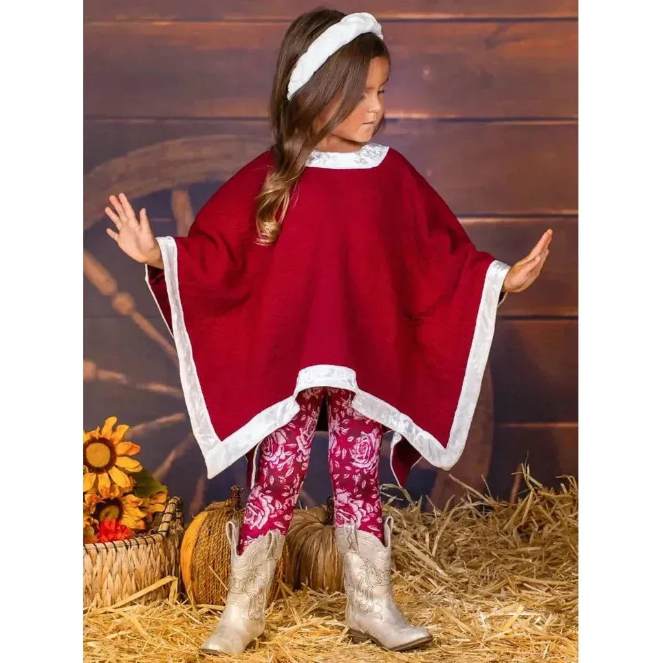 Mia Belle Girls Cranberry Poncho & Rose Legging Set