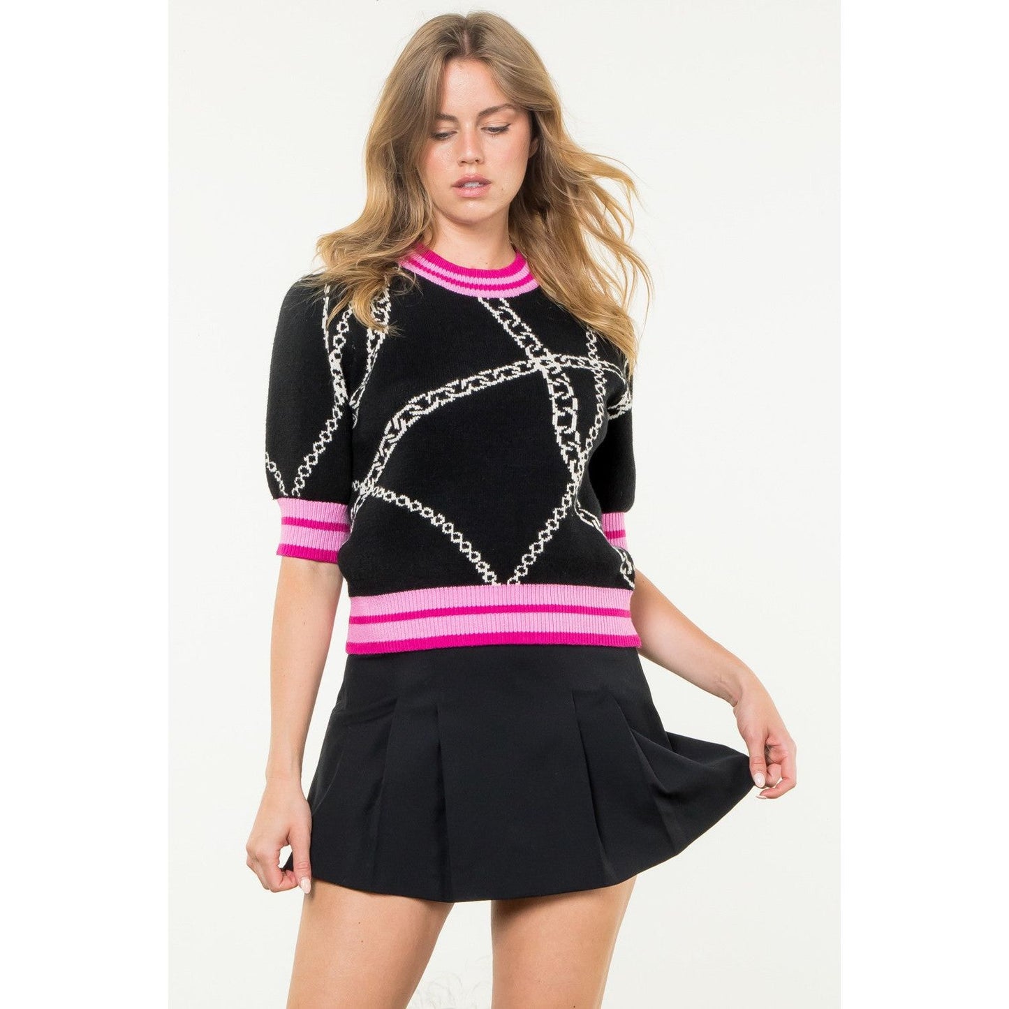 Black Chain Print Sweater Black & Pink