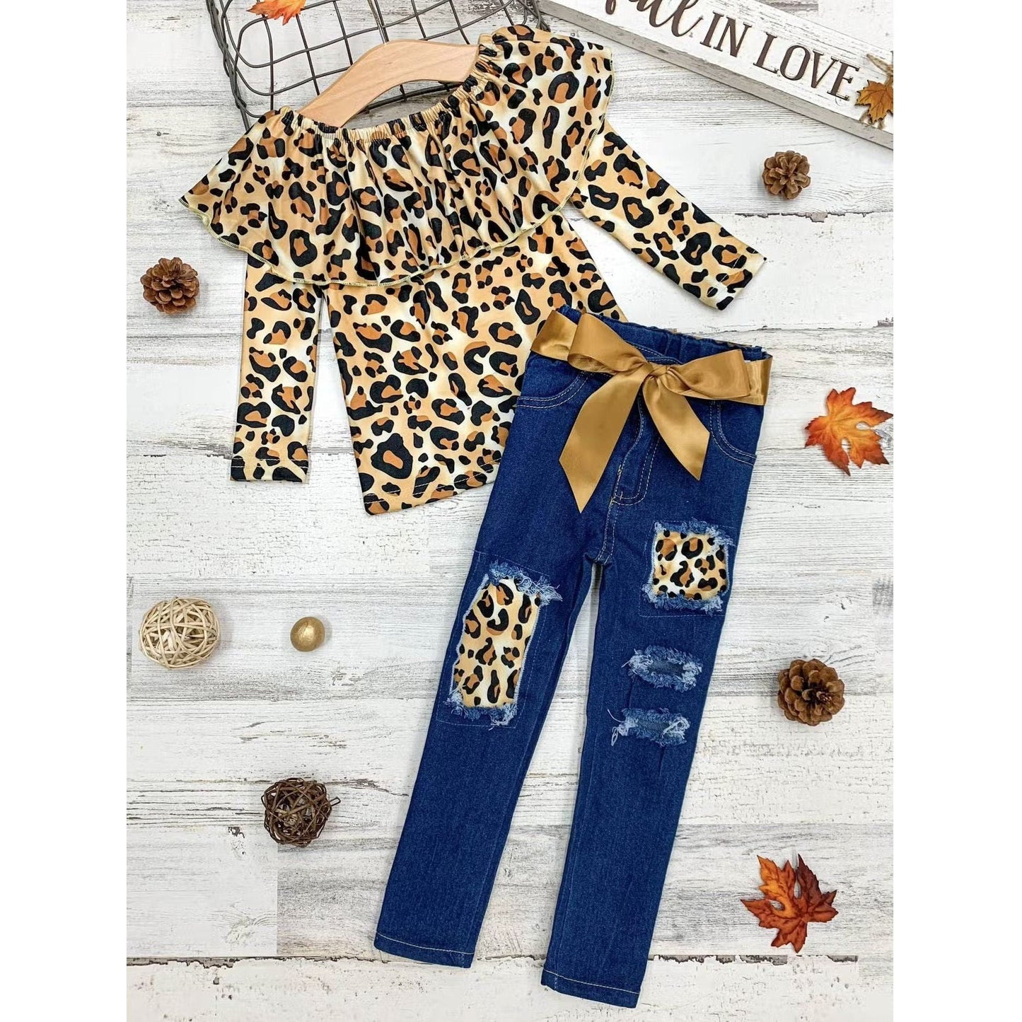Mia Belle Girls Autumn Leopard Patched Jeans Set