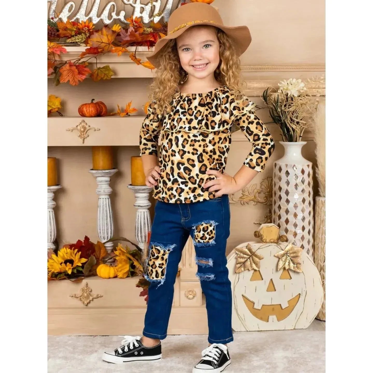 Mia Belle Girls Autumn Leopard Patched Jeans Set