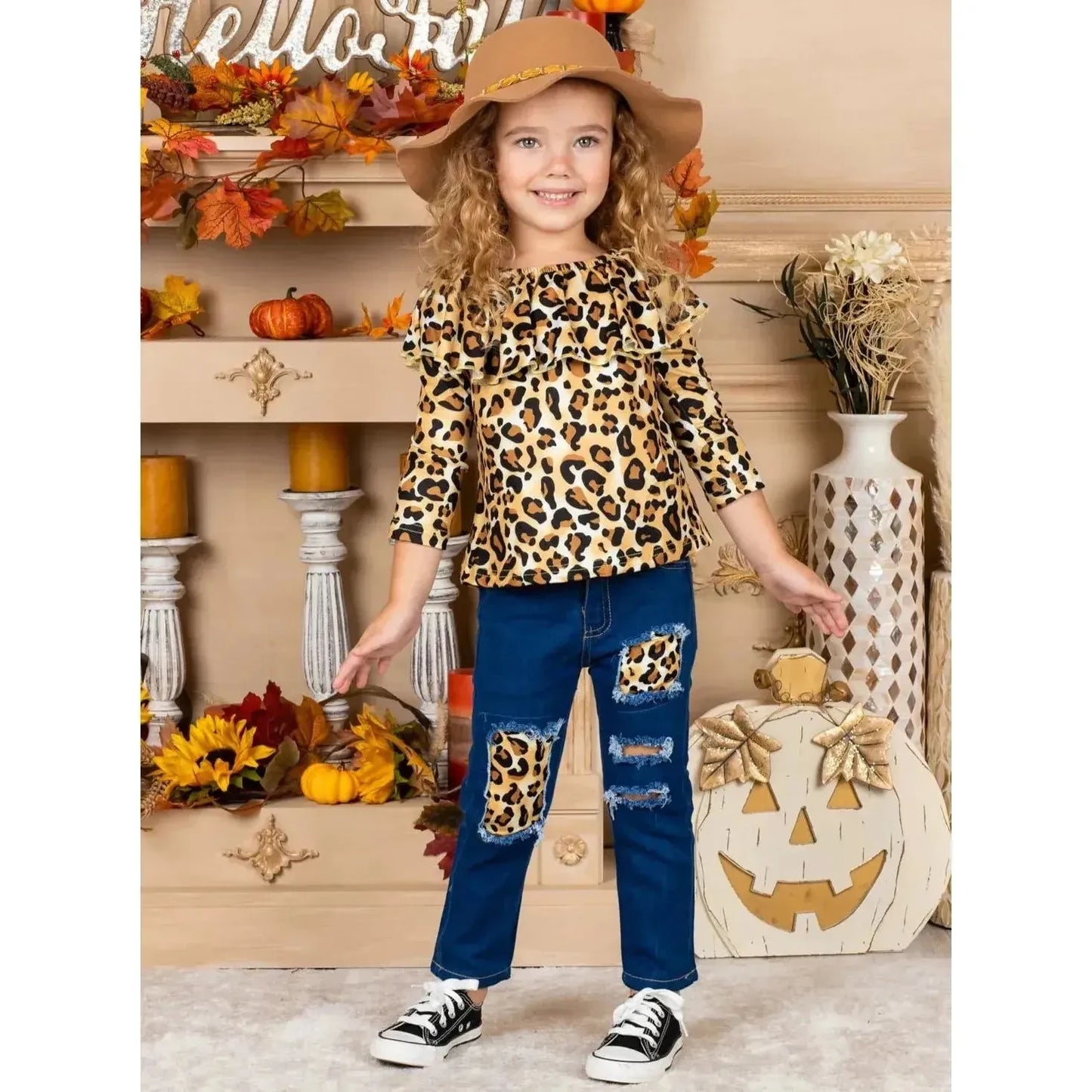 Mia Belle Girls Autumn Leopard Patched Jeans Set