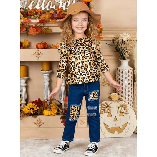 Mia Belle Girls Autumn Leopard Patched Jeans Set