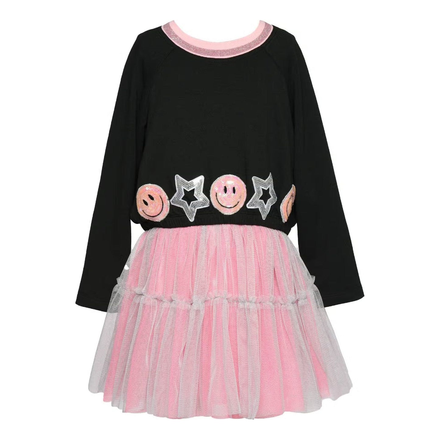 SARA SARA Mesh Tutu Dress with Happy Face and Star Trims