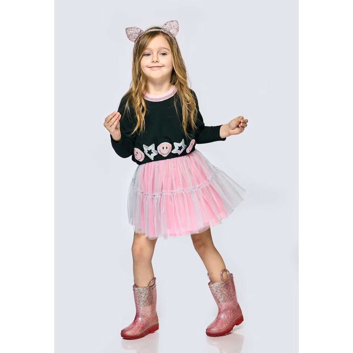SARA SARA Mesh Tutu Dress with Happy Face and Star Trims