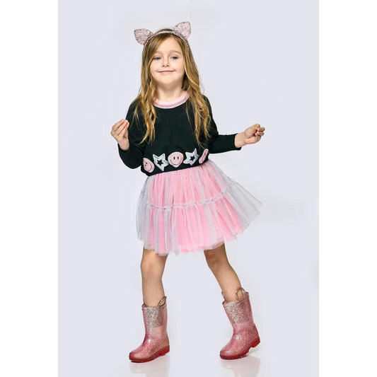 SARA SARA Mesh Tutu Dress with Happy Face and Star Trims