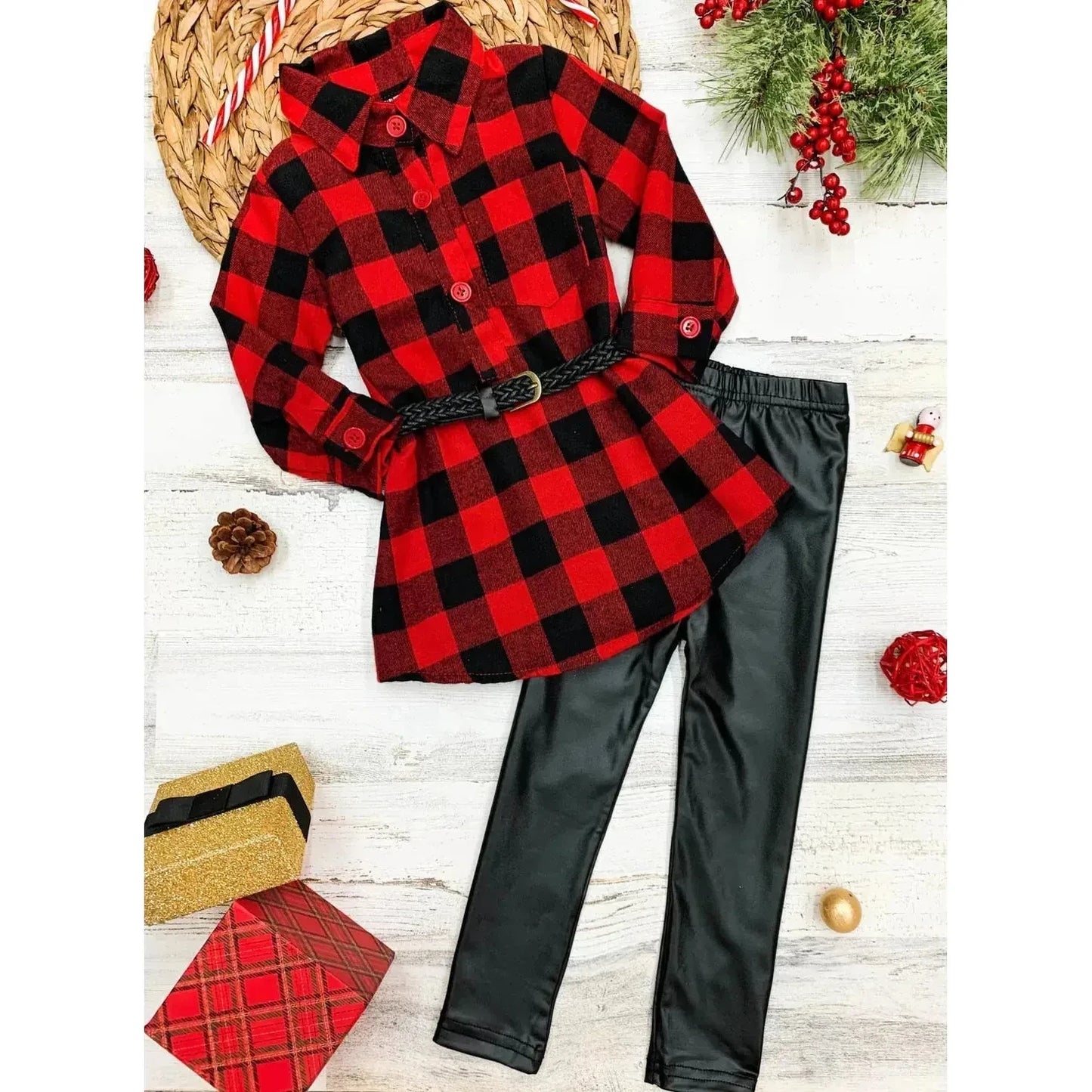 Mia Belle Girls Plaid Belted Blouse & Legging Set