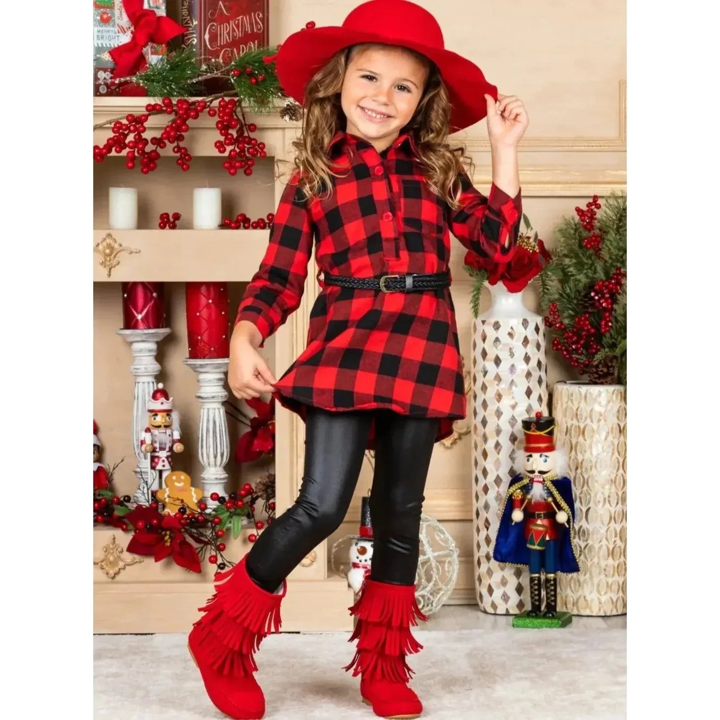 Mia Belle Girls Plaid Belted Blouse & Legging Set