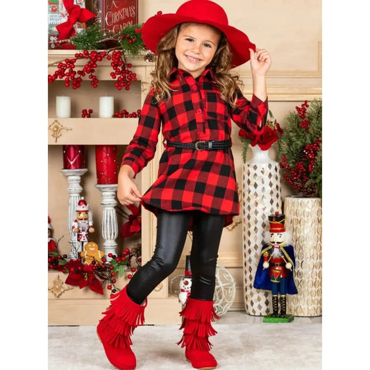Mia Belle Girls Plaid Belted Blouse & Legging Set