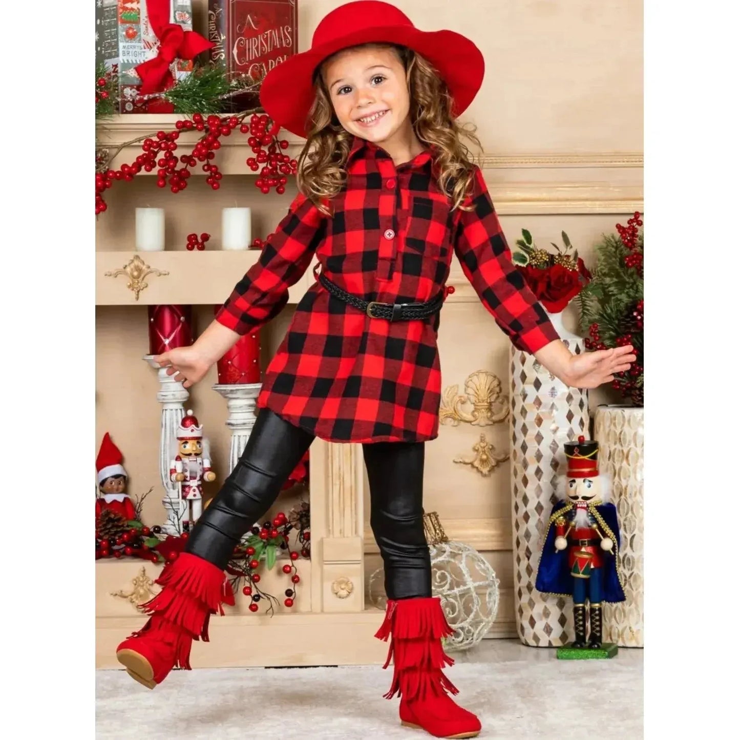 Mia Belle Girls Plaid Belted Blouse & Legging Set