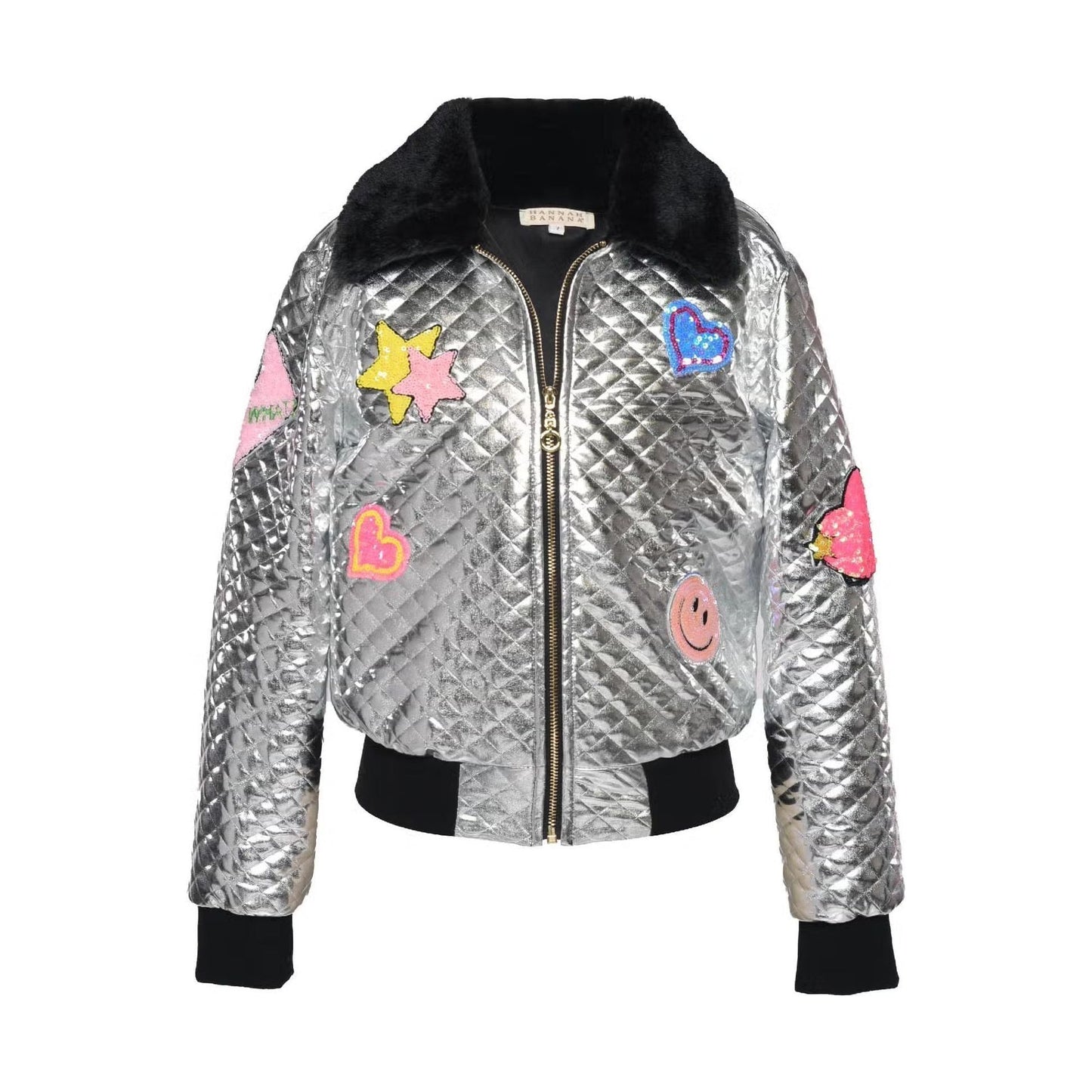 Baby Sara Clothing Quilted Patch Jacket with Fur Collar