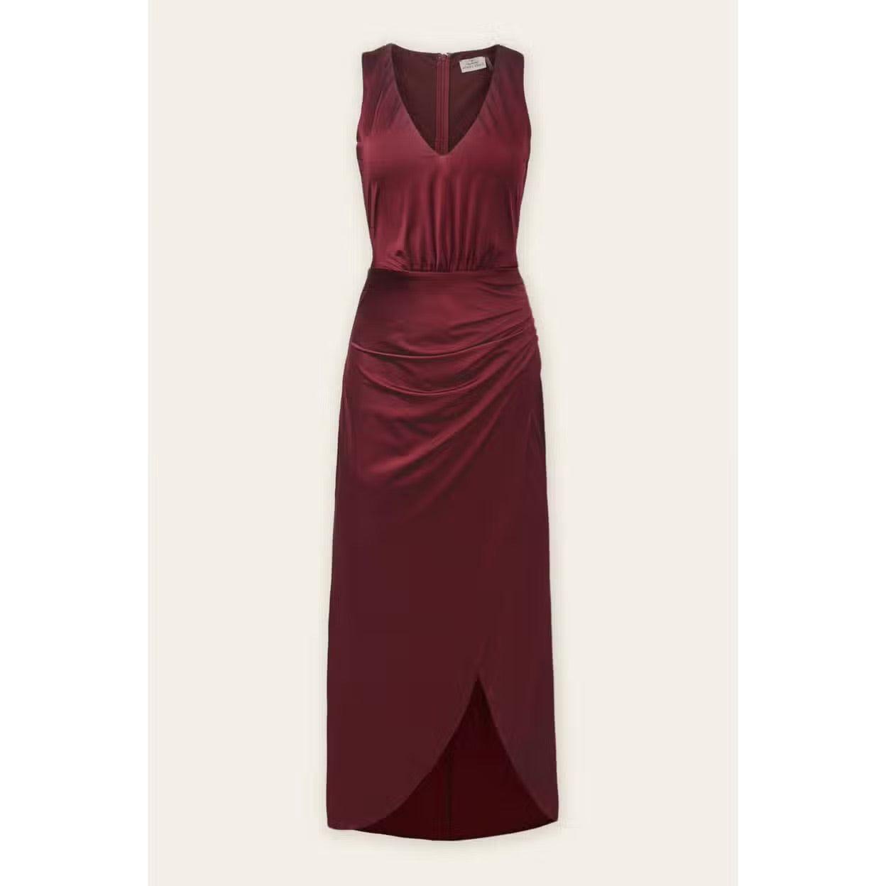 Satin V Neck Ruched Midi Dress