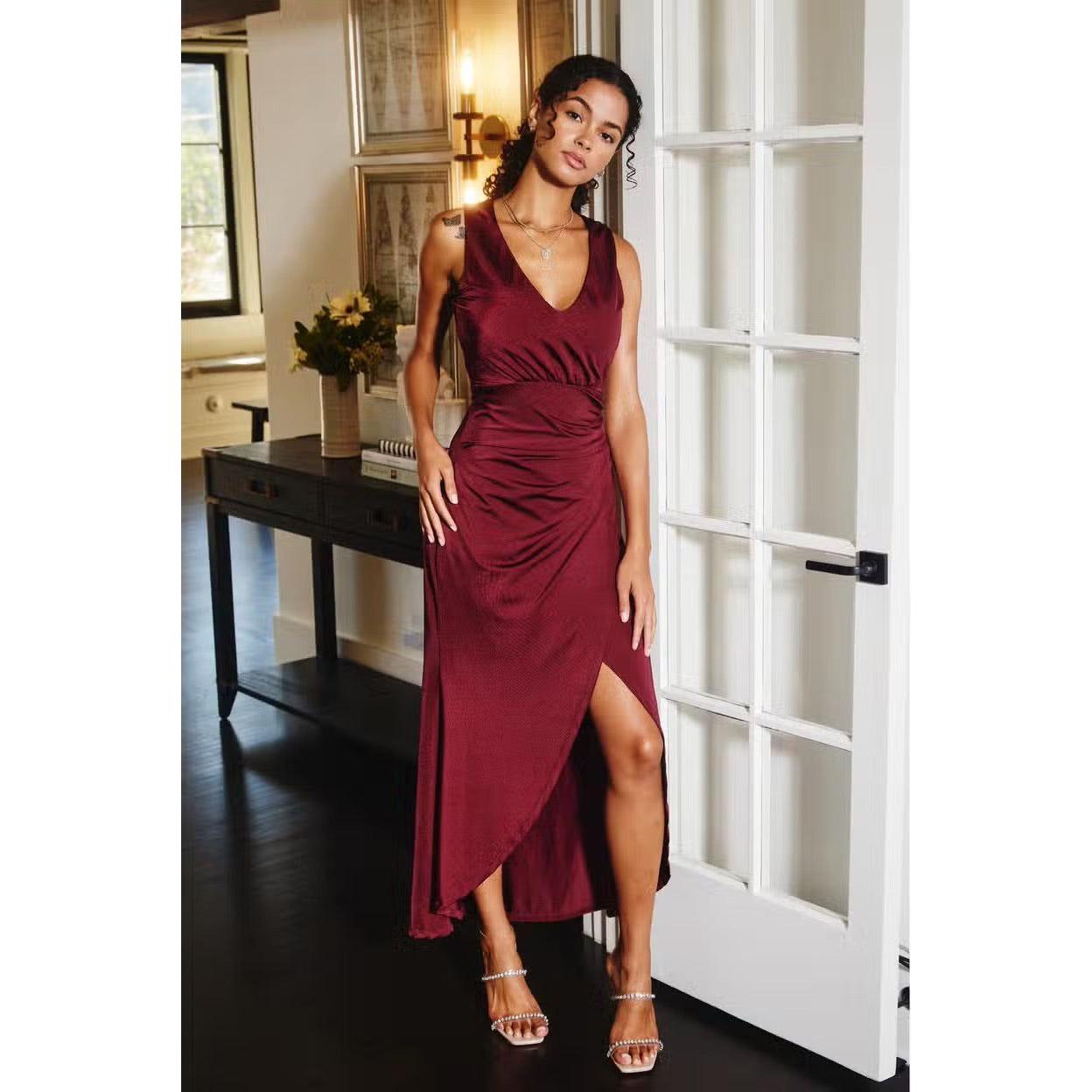 Satin V Neck Ruched Midi Dress