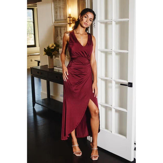 Satin V Neck Ruched Midi Dress