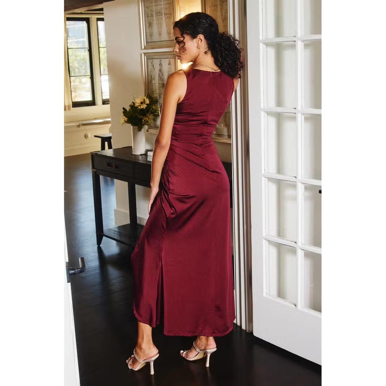 Satin V Neck Ruched Midi Dress