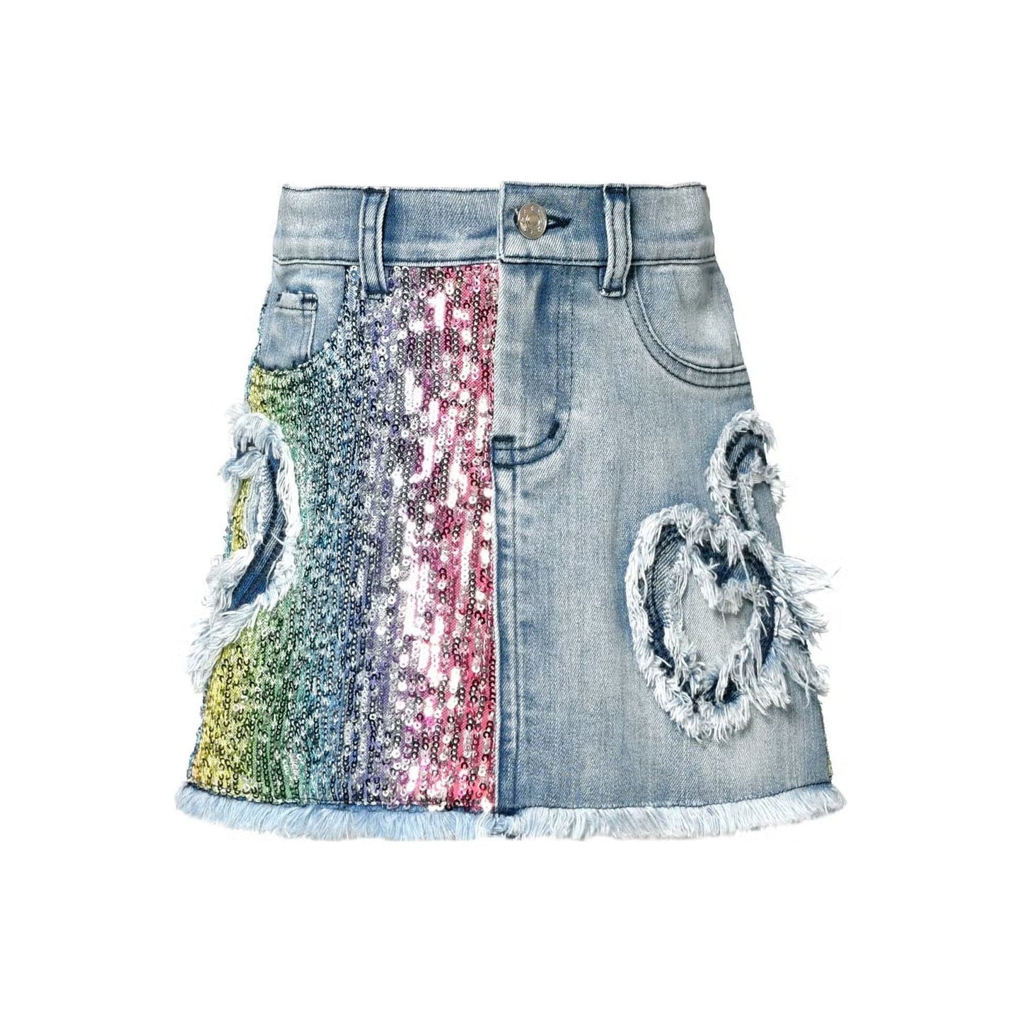 BABY SARA Sequin & Denim Mini Skirt W/Heart Details