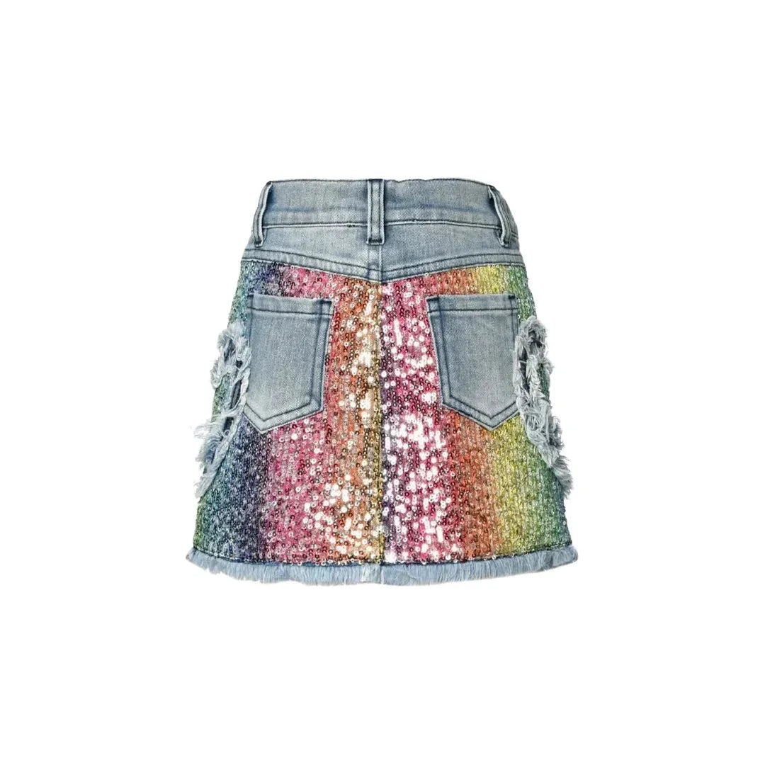 BABY SARA Sequin & Denim Mini Skirt W/Heart Details