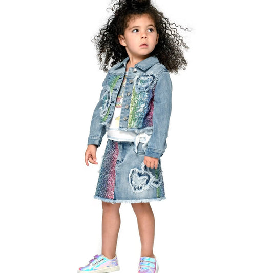 BABY SARA Sequin & Denim Mini Skirt W/Heart Details