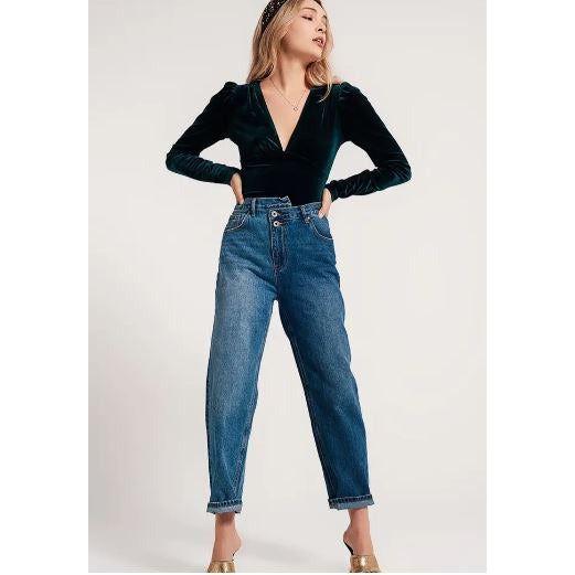 Asymmetrical High Waist Button Jeans