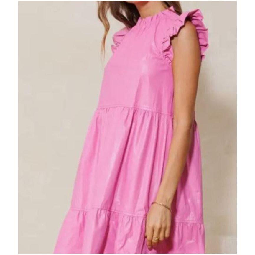 Nina Flutter Vegan Leather Mini Dress Pink