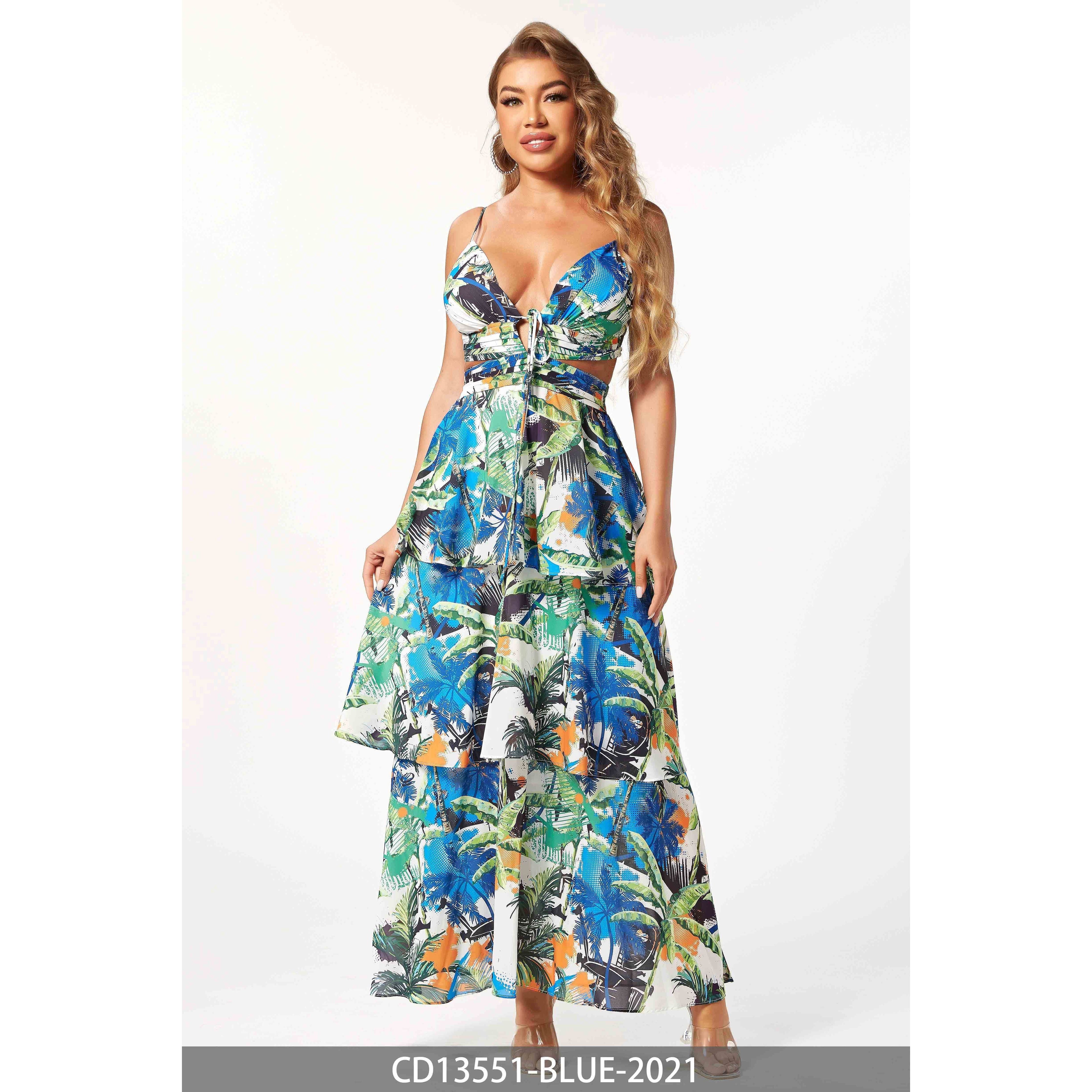 Tropical Palm Print Tiered Maxi Dress