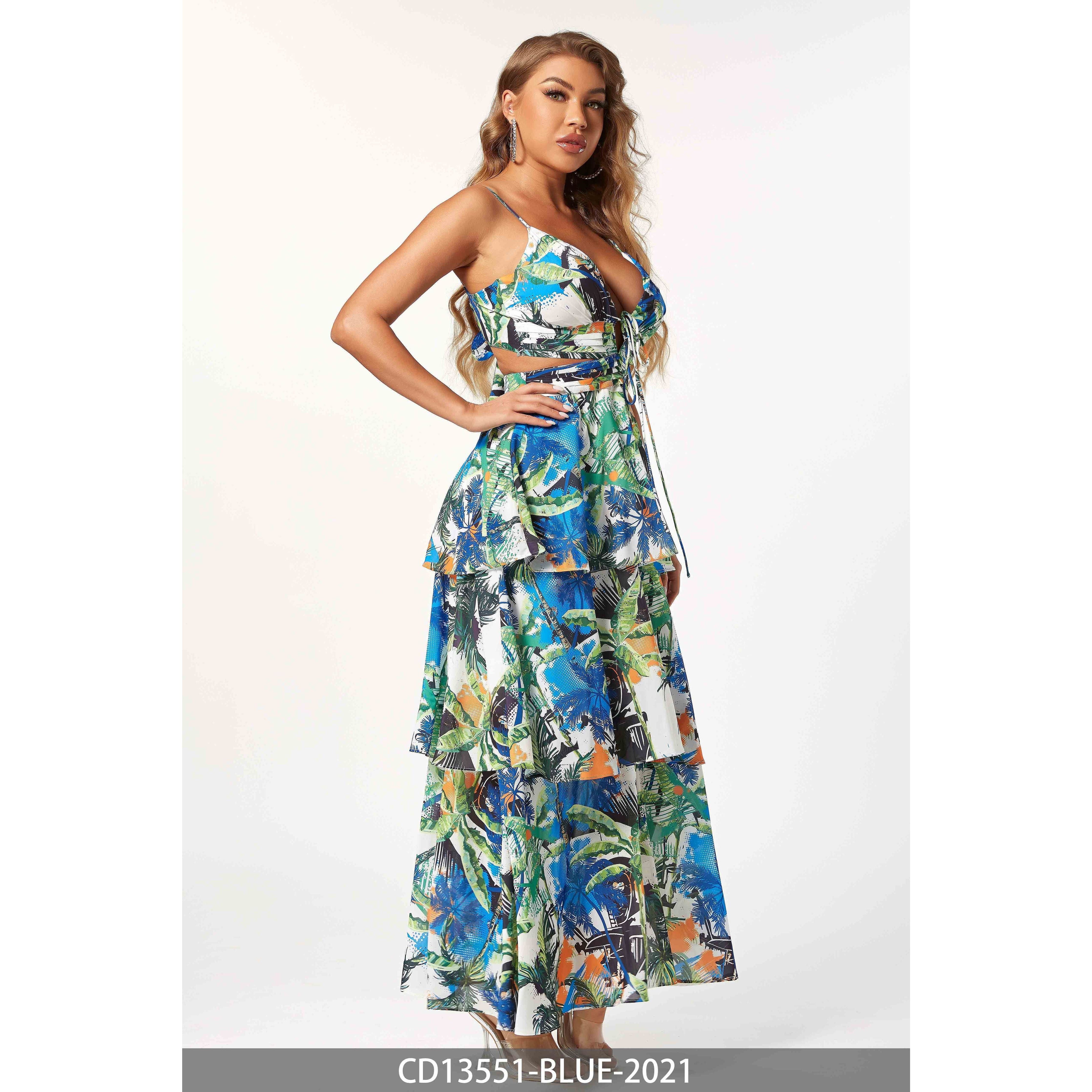 Tropical Palm Print Tiered Maxi Dress