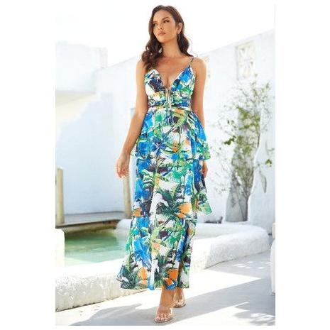 Tropical Palm Print Tiered Maxi Dress