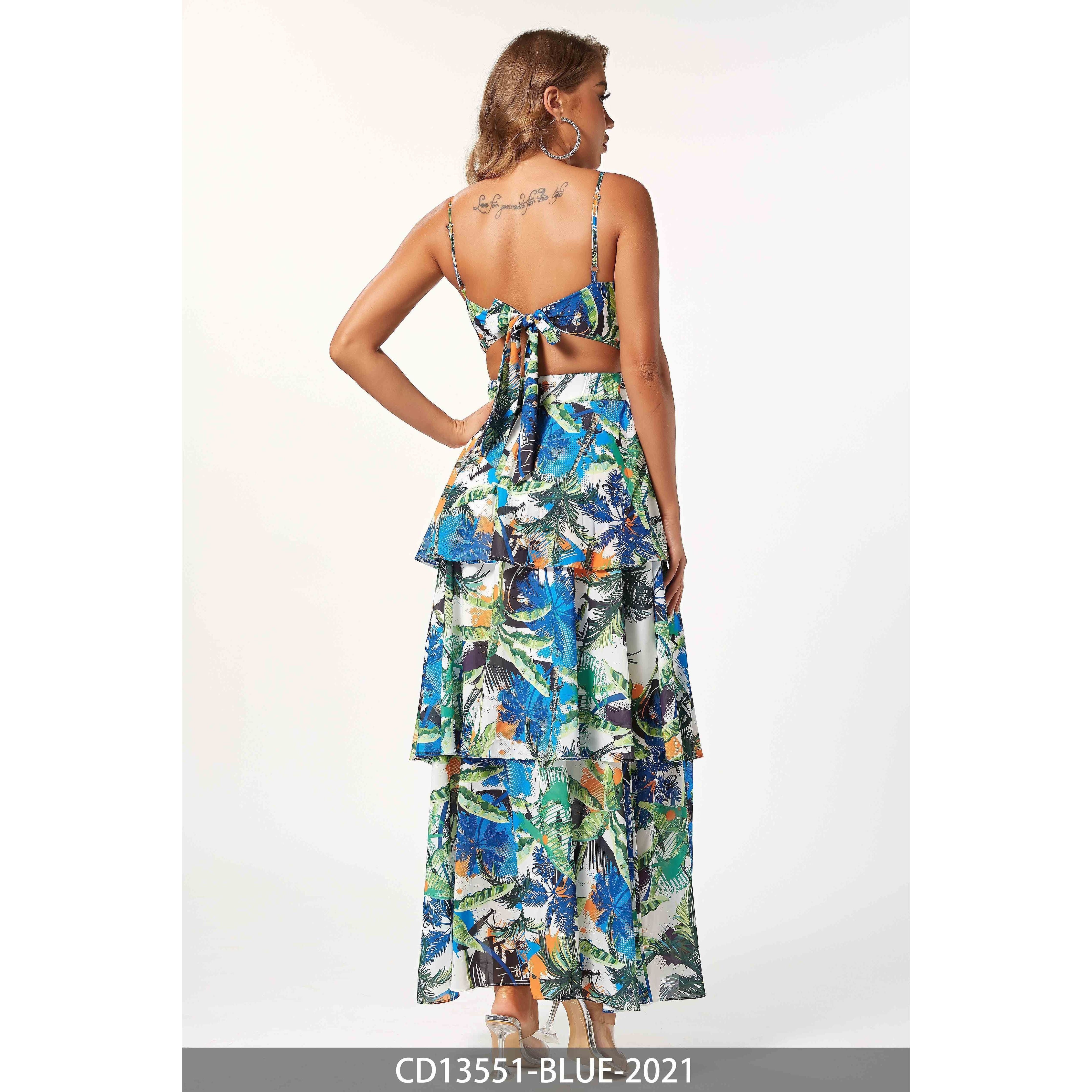 Tropical Palm Print Tiered Maxi Dress